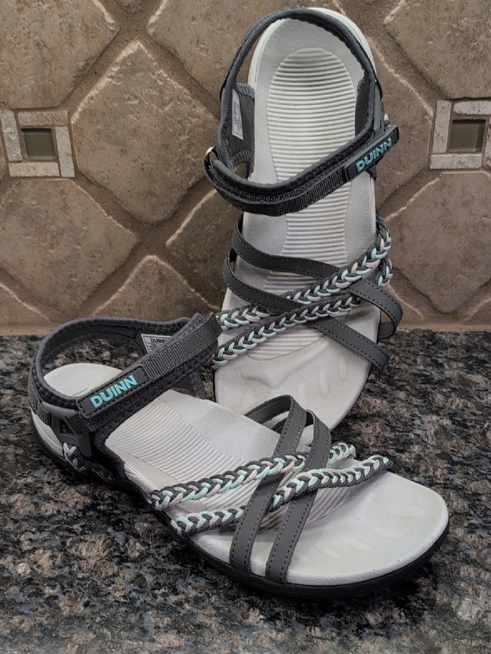 Duinn Women's Gray Braided Strap Comfort Sandals - Gray/White/Teal